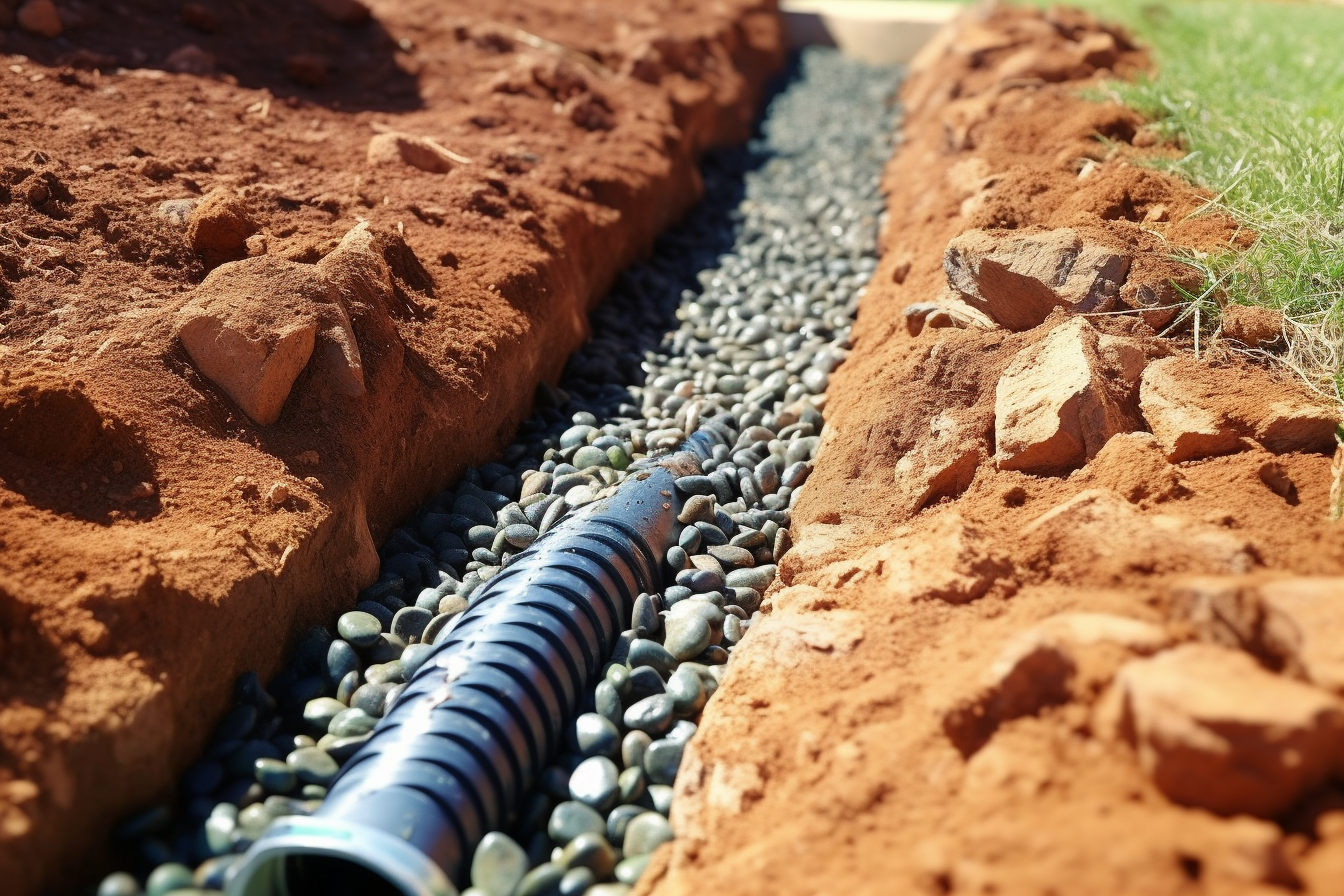 Example of a French drain pipe in a gravel-lined trench