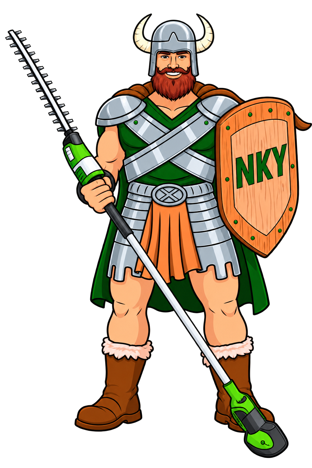 NKY Curb Appeal Viking mascot with landscaping tools and NKY shield